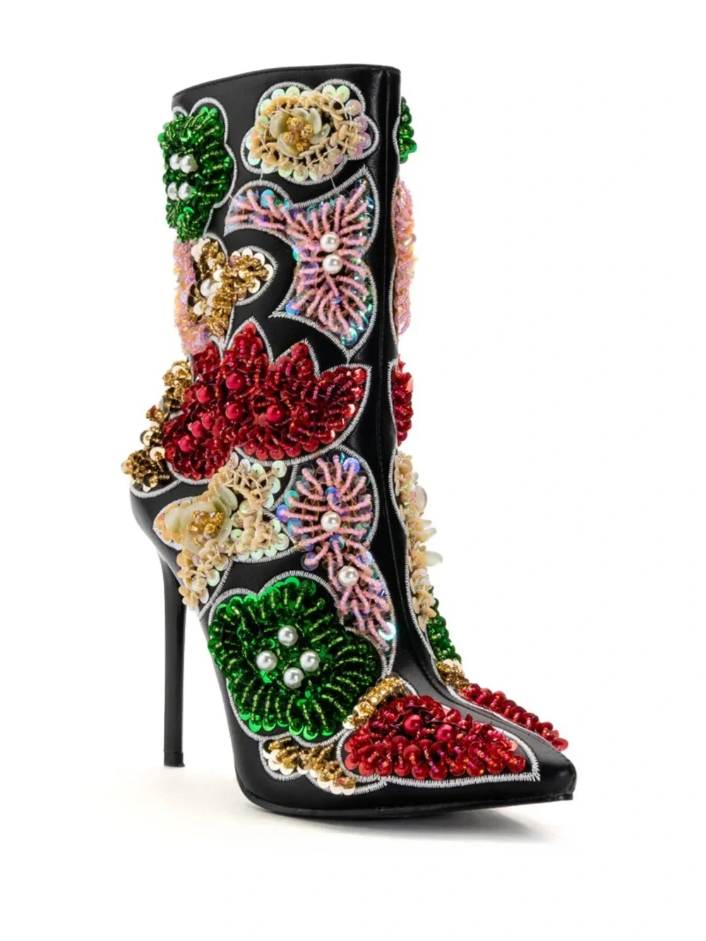 Azalea Wang Albany Beaded, Sequin Embellished Black Floral Ankle Boots